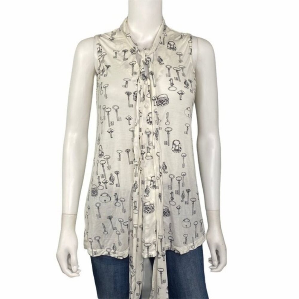 White and Grey Sleeveless Tie Front Tunic Top, CAbI